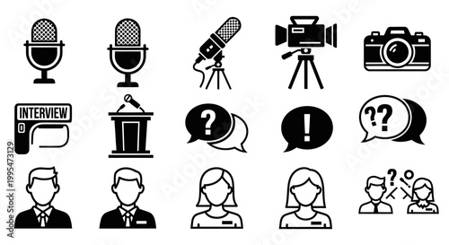 Journalism Broadcasting and Media Interview Icon Set