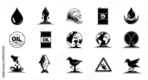 Oil Spill Environmental Pollution and Ecology Disaster Icons