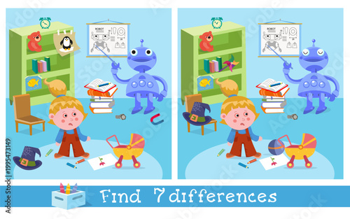 Find seven differences educational game for kids with robot and girl. Two similar vector pictures show blue android teacher giving lesson in nursery room. Fun logical puzzle helps children develop