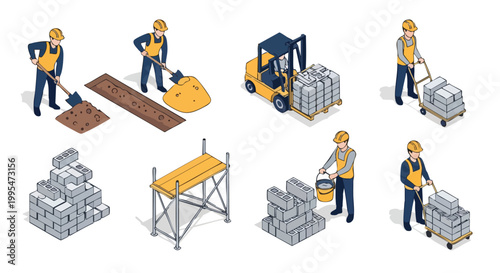 Construction workers and materials set. Isometric illustration. Building process elements. Vector graphic resource.