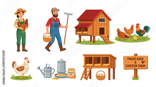 Smiling farmers carry eggs and tools near wooden chicken coops with cute poultry and organic supplies for the daily harvest