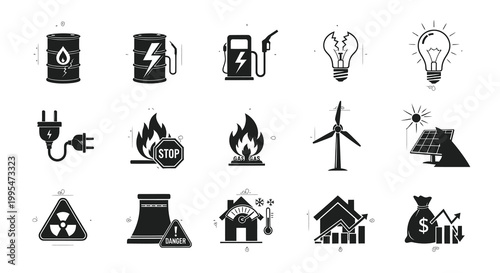 Energy Crisis and Power Resource Flat Vector Icon Set