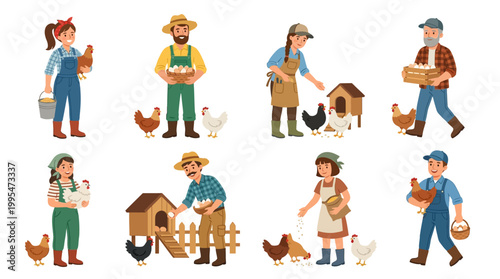 Diverse set of farmers and happy workers interacting with chickens, feeding poultry, collecting eggs, and managing daily rural farm tasks