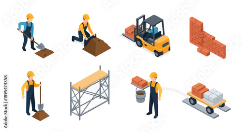 Construction workers and building process isometric illustration set. Industry concept, labor work.
