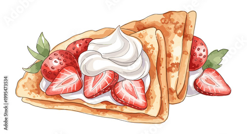 Illustration of crepes topped with fresh fruit and whipped cream on white background