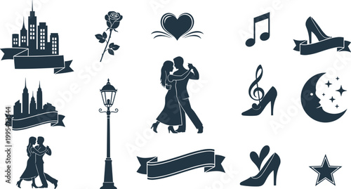 Romantic Dance Silhouette Icons Set with City Love Symbols