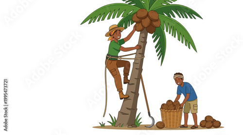 Hardworking woman climbs a palm tree to harvest coconuts while her diligent partner collects them into a wooden basket