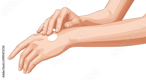 Illustration of a woman delicately applying hand cream on her smooth skin, with a focus on graceful hands against a clean white background