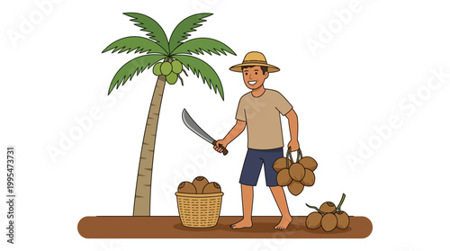 A cheerful farmer holding a sharp machete and carrying a bundle of brown coconuts while wearing a straw sun hat