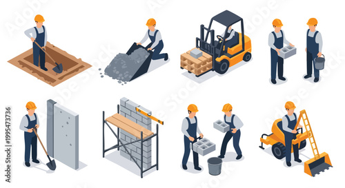 Construction Workers Building Site. Isometric Illustration Set. Flat Design Infographic. Industrial Concept.