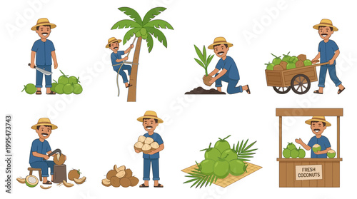 Cartoon farmer harvesting and selling fresh green coconuts while wearing a traditional straw hat in a series of colorful poses
