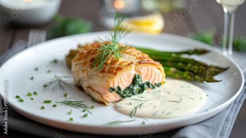 A flaky salmon Wellington with spinach and dill sauce, served on asparagus.