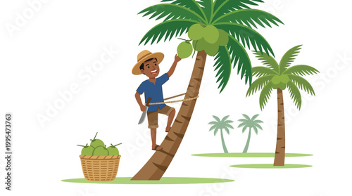 A cheerful coconut harvester wearing a straw hat climbs a tall tree while carrying a sharp machete for his work