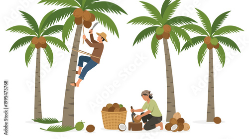 Skilled farmer climbs a tall palm tree to harvest fresh brown coconuts while another person prepares fruit in baskets