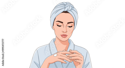 Illustration of a serene woman in a bathrobe and towel turban applying hand cream, with a calm expression on a white background