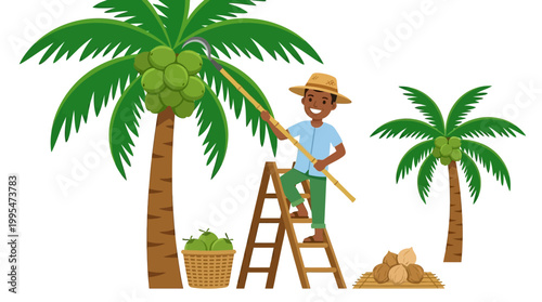 Smiling farmer stands on a wooden ladder using a long hooked pole to harvest green coconuts from a tree