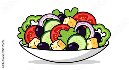 Illustration of a vibrant Greek salad with olives, tomatoes, cucumbers, and feta cheese in a white bowl on a clean white background