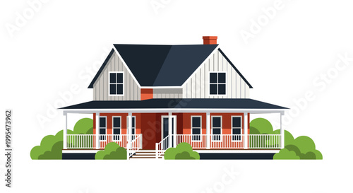 Charming farm house with a spacious porch surrounded by lush greenery, featuring classic architectural design and vibrant colors against a white background