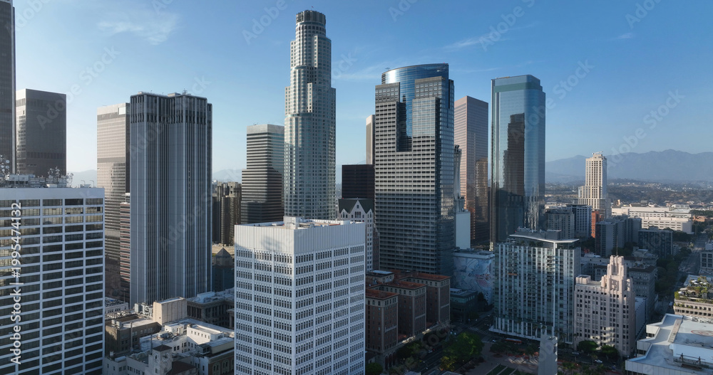 Fototapeta premium Los Angeles skyline skyscrapers modern cityscape. Los Angeles downtown skyline financial district. Los Angeles towers architecture panorama view. Los Angeles aerial drone skyline.