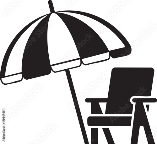 Beach umbrella, striped shade, lounge chair, summer relaxation, outdoor furniture, vector icon