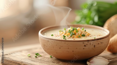 A bowl of creamy corn chowder on a rustic wooden table.