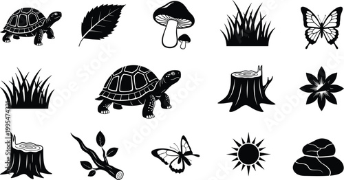 Forest Nature Silhouette Icons Set with Turtle Butterfly Symbols