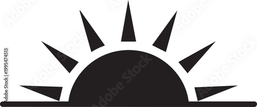 Black sun icon, sunrise symbol, solar illustration, vector graphic