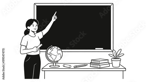Teacher pointing at blackboard with globe and books on desk.