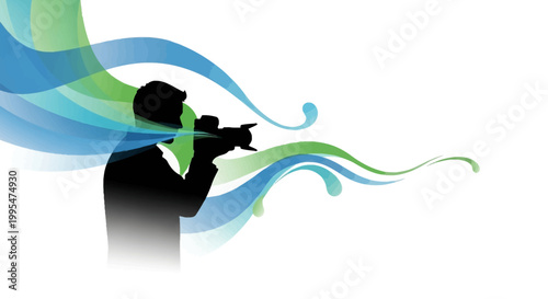 This journalism freedom illustration features a silhouetted photographer with a camera capturing a moment, symbolizing World Press Freedom Day, set against a vibrant backdrop of flowing