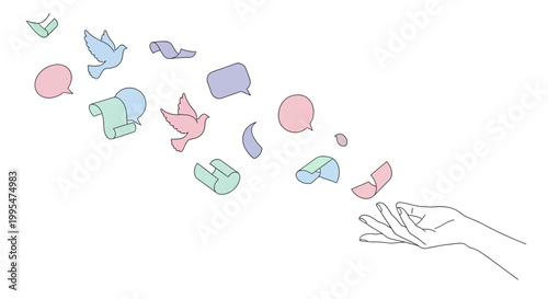 An illustration highlighting World Press Freedom Day with a minimalist composition of pastel-colored speech bubbles and doves floating from an open hand, symbolizing journalism freedom