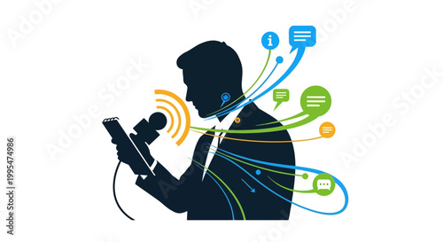 Silhouette illustration representing World Press Freedom Day, showing a speaker at a microphone reading from a tablet, with journalism freedom concept bubbles and lines emanating