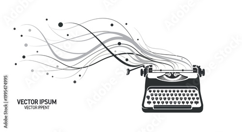 A vintage typewriter illustration symbolizes press freedom on World Press Freedom Day, with flowing lines representing journalism freedom and the concept of unrestricted information, set