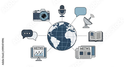 An illustration showcasing journalism freedom for World Press Freedom Day, featuring a globe surrounded by media icons like a camera, microphone, and newspaper, connected by lines
