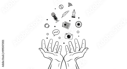 Hands reach up in this World Press Freedom Day illustration, a flat lay composition against a white background featuring press freedom symbols like a camera, microphone, and pen, embodying