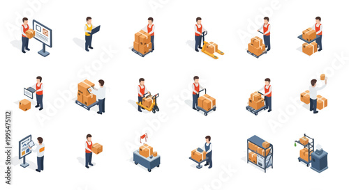 Warehouse Logistics Workers. Isometric Vector Illustrations. Package Handling. Delivery Operations.
