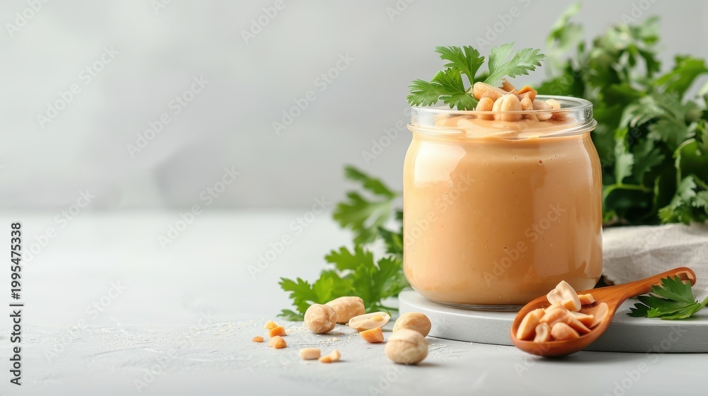 Naklejka premium Creamy peanut sauce in a bowl, garnished with chopped peanuts and cilantro on a clean white background.