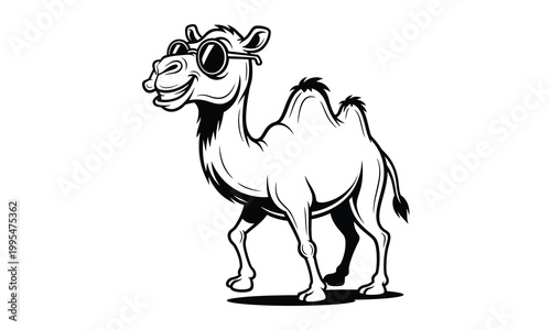 Cool camel character wearing round sunglasses walking vector line art.