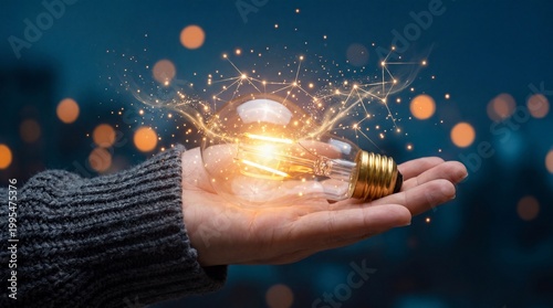 Hand holding a glowing light bulb with digital connection particles