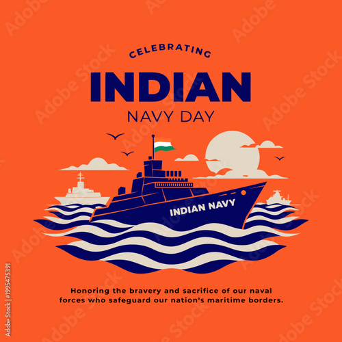 Indian Navy Day poster with warship illustration in orange background