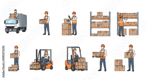 Warehouse logistics workers. Delivery and shipping operations. Pixel art illustration set. Supply chain management.