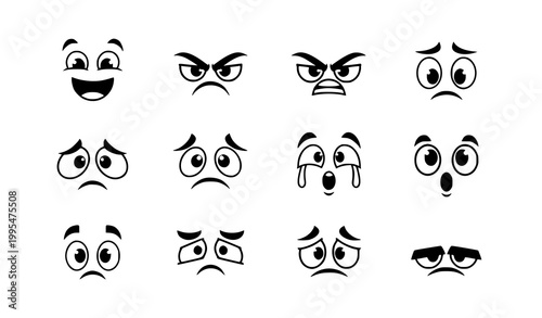 Cartoon eye expressions set with different emotions happy sad angry surprised vector collection isolated on white background