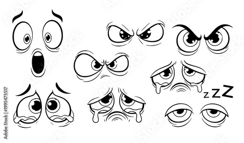 Exaggerated cartoon eyes emotions set expressive funny eye reactions vector illustration isolated on white