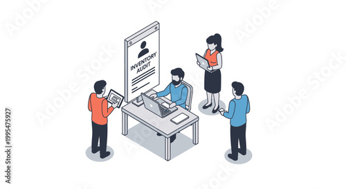 Isometric Illustration of Passport Agent at Work with Colleagues.