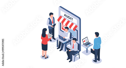 Isometric illustration of business people auditing a digital storefront.