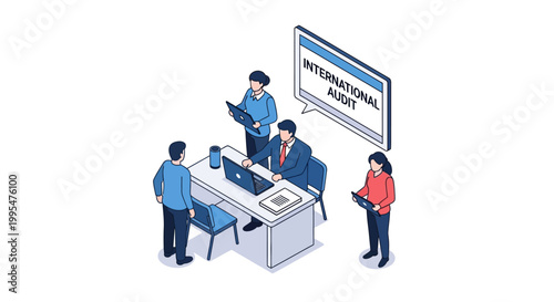 Isometric illustration of business people in an international audit meeting.