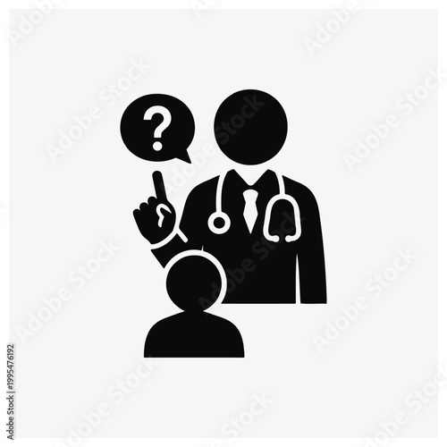 Silhouette illustration of a doctor helping a patient with a question mark, representing medical consultation, confusion, or guidance.