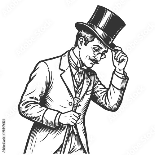 polite Victorian gentleman tipping his top hat while holding a cane, expressing greeting, etiquette, and classic elegance sketch engraving generative ai vector illustration. Black and white.