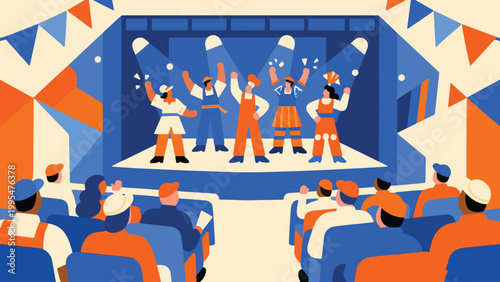 Illustration Of Workers Celebration Festival With Stage And Audience Vector Design Template
