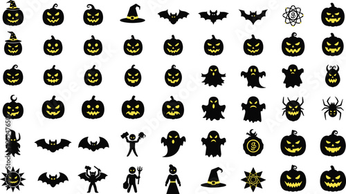 Black and Yellow Halloween Icon Collection Featuring Pumpkins Ghosts Bats Spiders and Spooky Characters on White Background