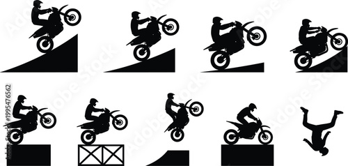 Black Silhouette Collection of Motocross Dirt Bike Riders Performing Extreme Stunts Jumps and Tricks on Various Ramps